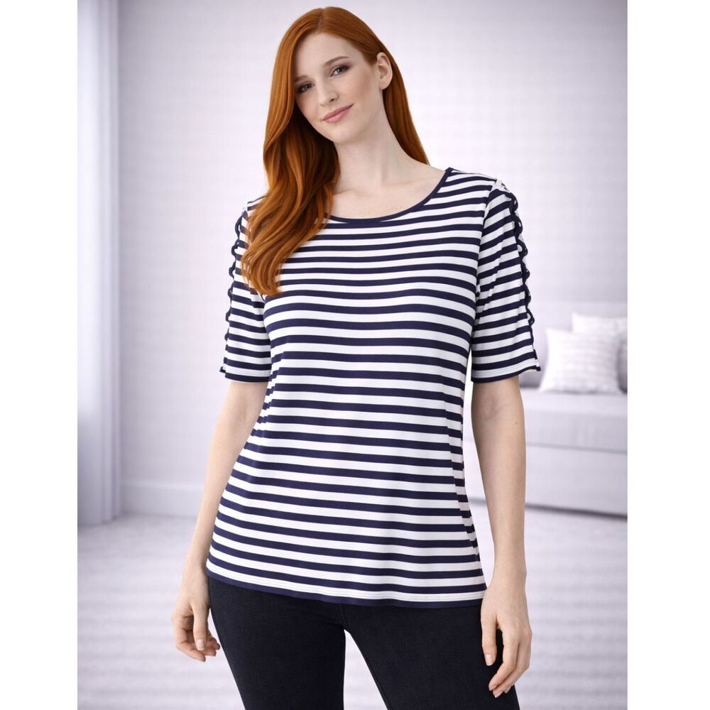 New Spense Tee Cold Shoulder Stripe Top Navy White S